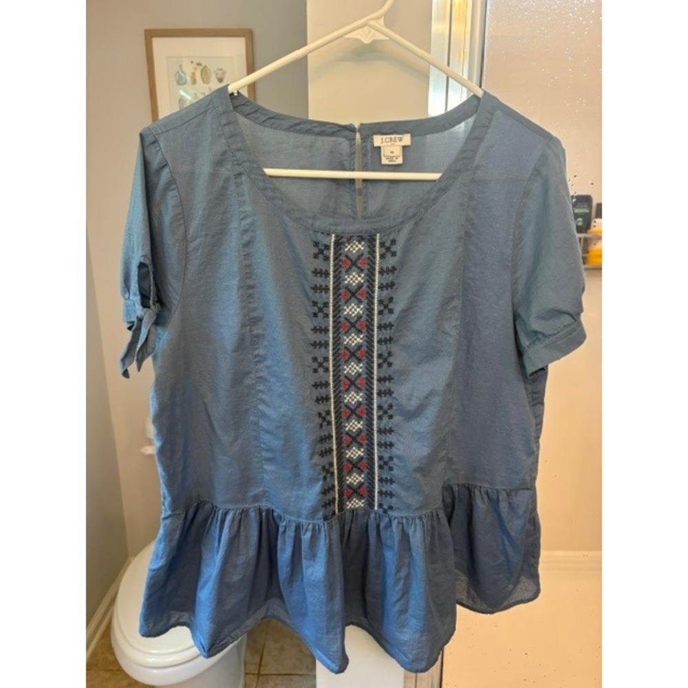 J.Crew Womens Blue Embroidered Peplum Top Short Sleeve Tie Cuff Cotton Blouse 10